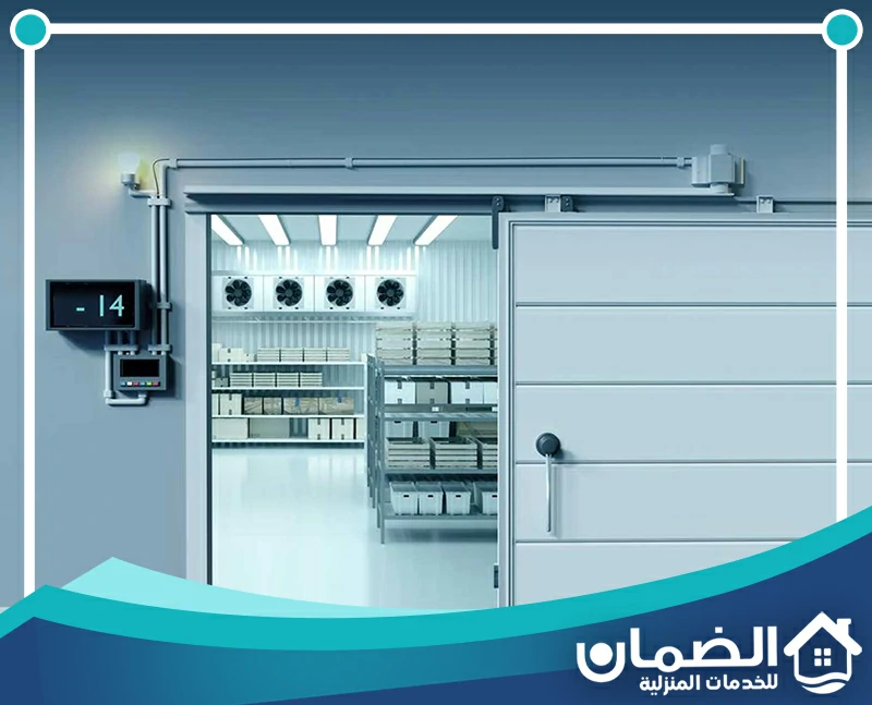 صيانة غرف تجميد في دبي 0527042162 شركة الضمان غرفة تبريد مجهزة بأنظمة تحكم دقيقة توضح جاهزية الصيانة وضبط درجات التبريد في دبي.
